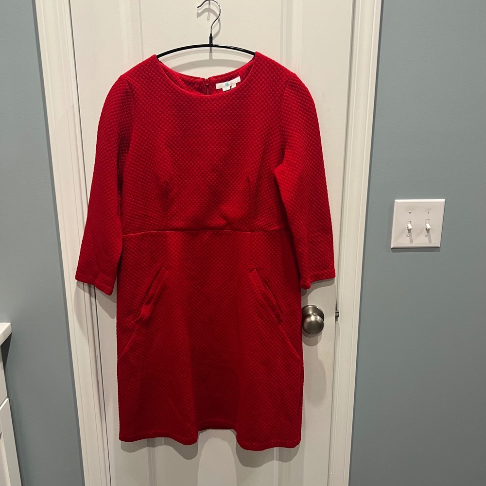 Boden Dress Women 14P Red Textured Quilted Honeycomb 3/4 Sleeve Pockets